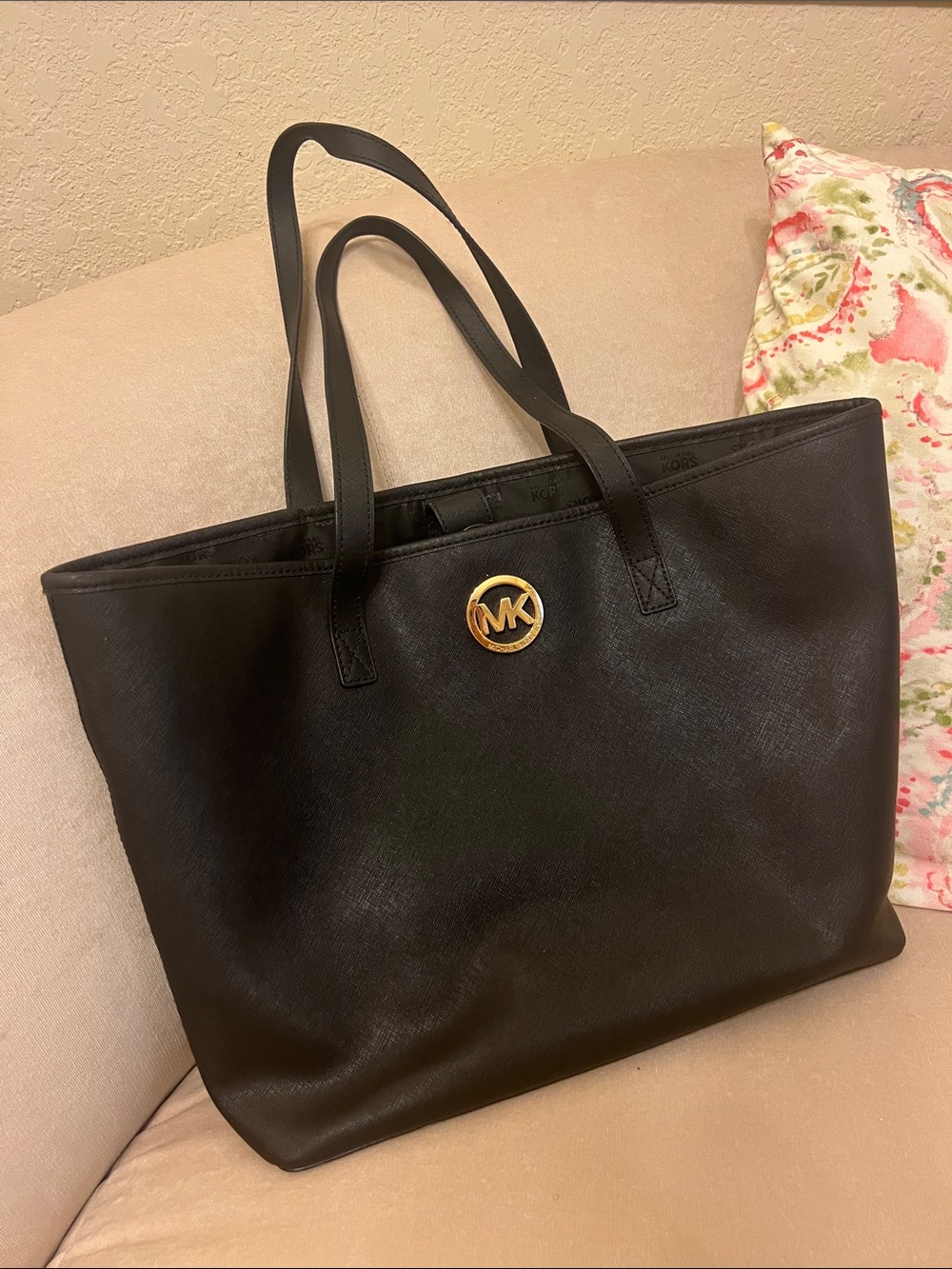 Michael Kors Black Leather Tote with Gold MK Emblem